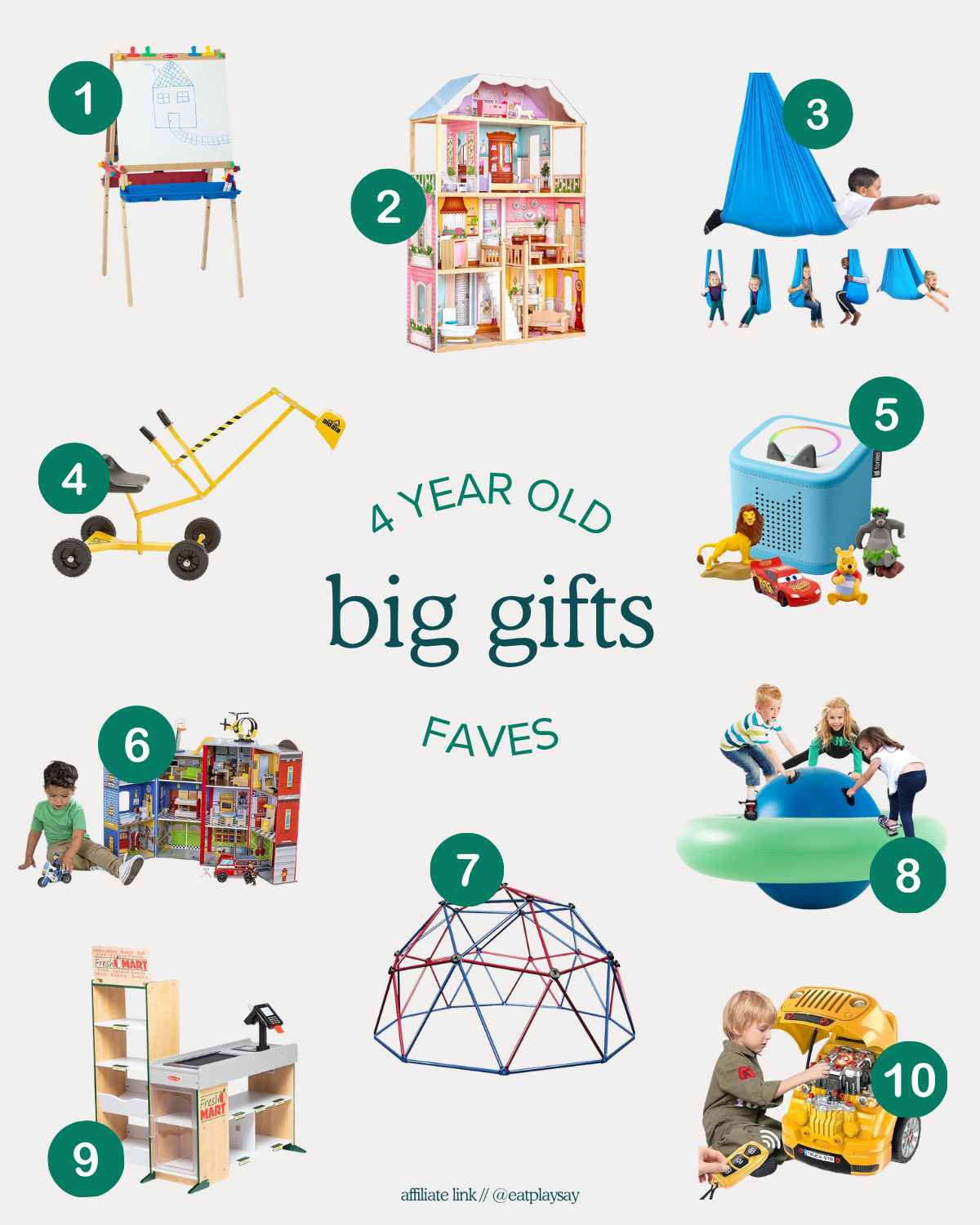 Collage of 10 big gifts featured in our gift guide for 4-year-olds, including sensory swing, climbing dome, and art easel