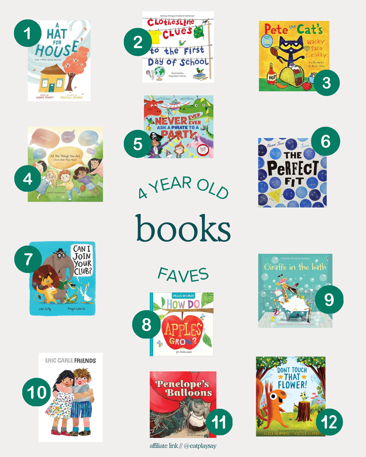 Collage of 12 books featured in our gift guide for 4-year-olds, including interactive and educational books