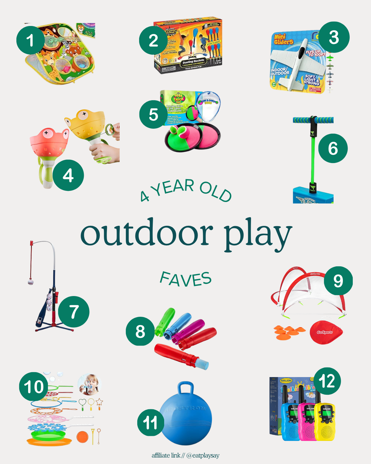 Collage of 12 outdoor toys featured in our gift guide for 4-year-olds, including sports accessories, water play toys, and bubbles