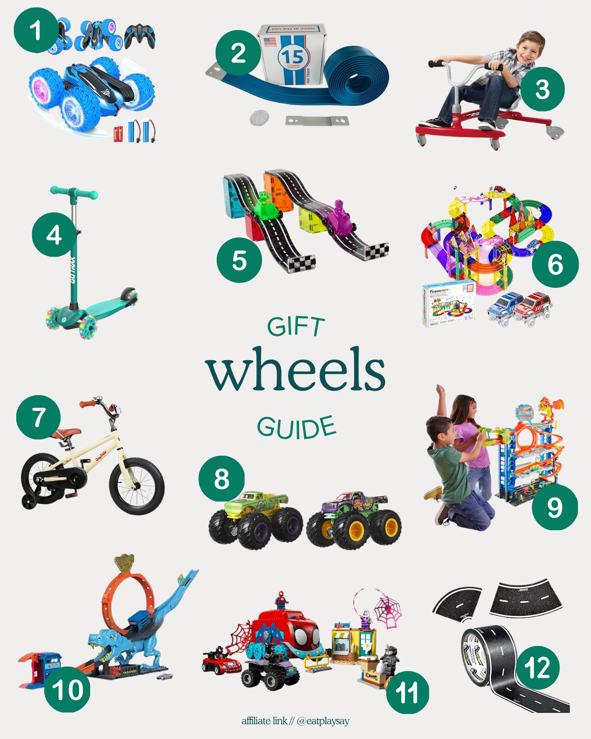 round up graphic of the best toys with wheels for 4 year olds including bikes, scooter, and more