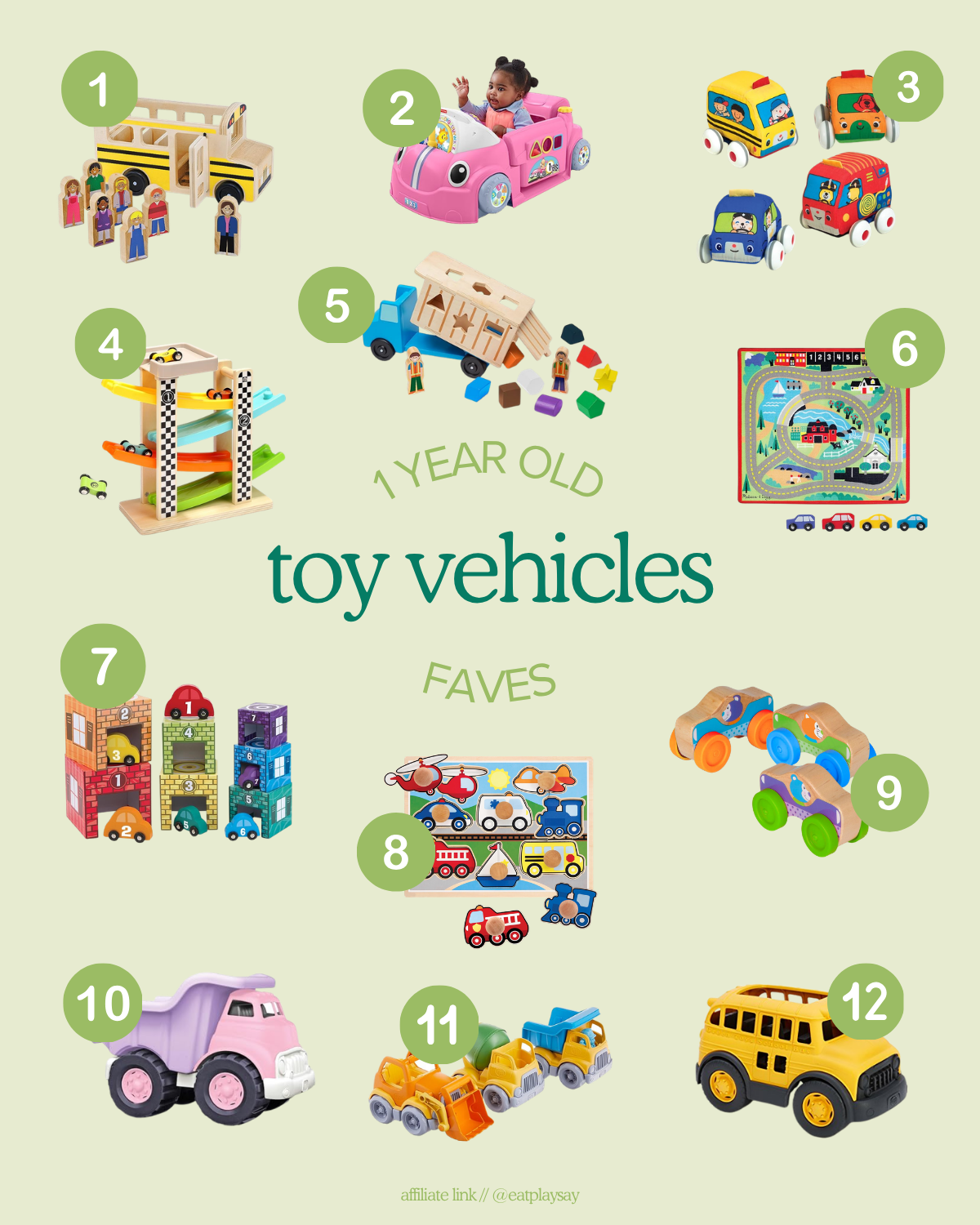 round-up image of the best play cars for 1 year olds including dump trucks, car rugs, and other play vehicles