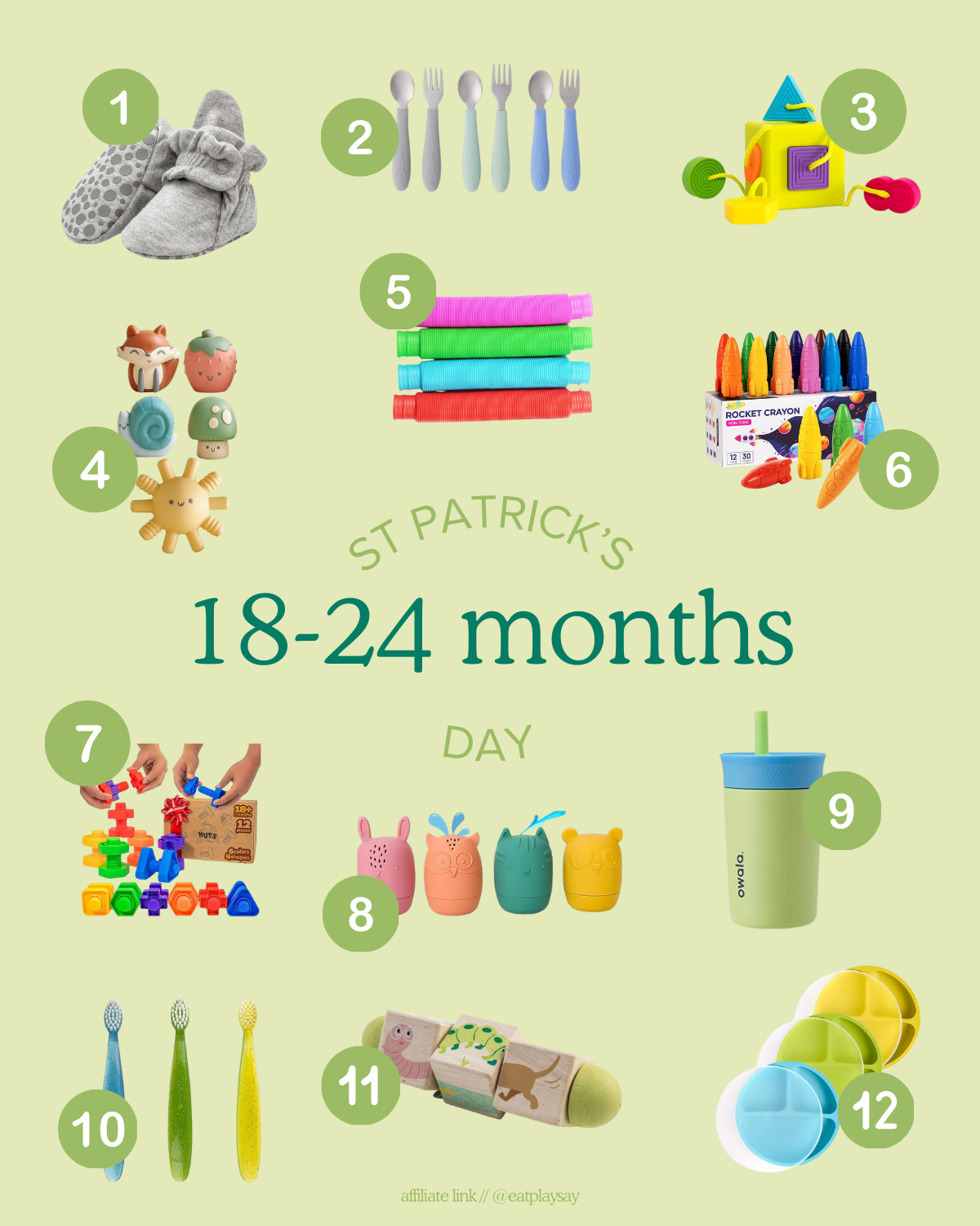 round-up graphic of St Patrick's Day gift ideas for 18 month olds