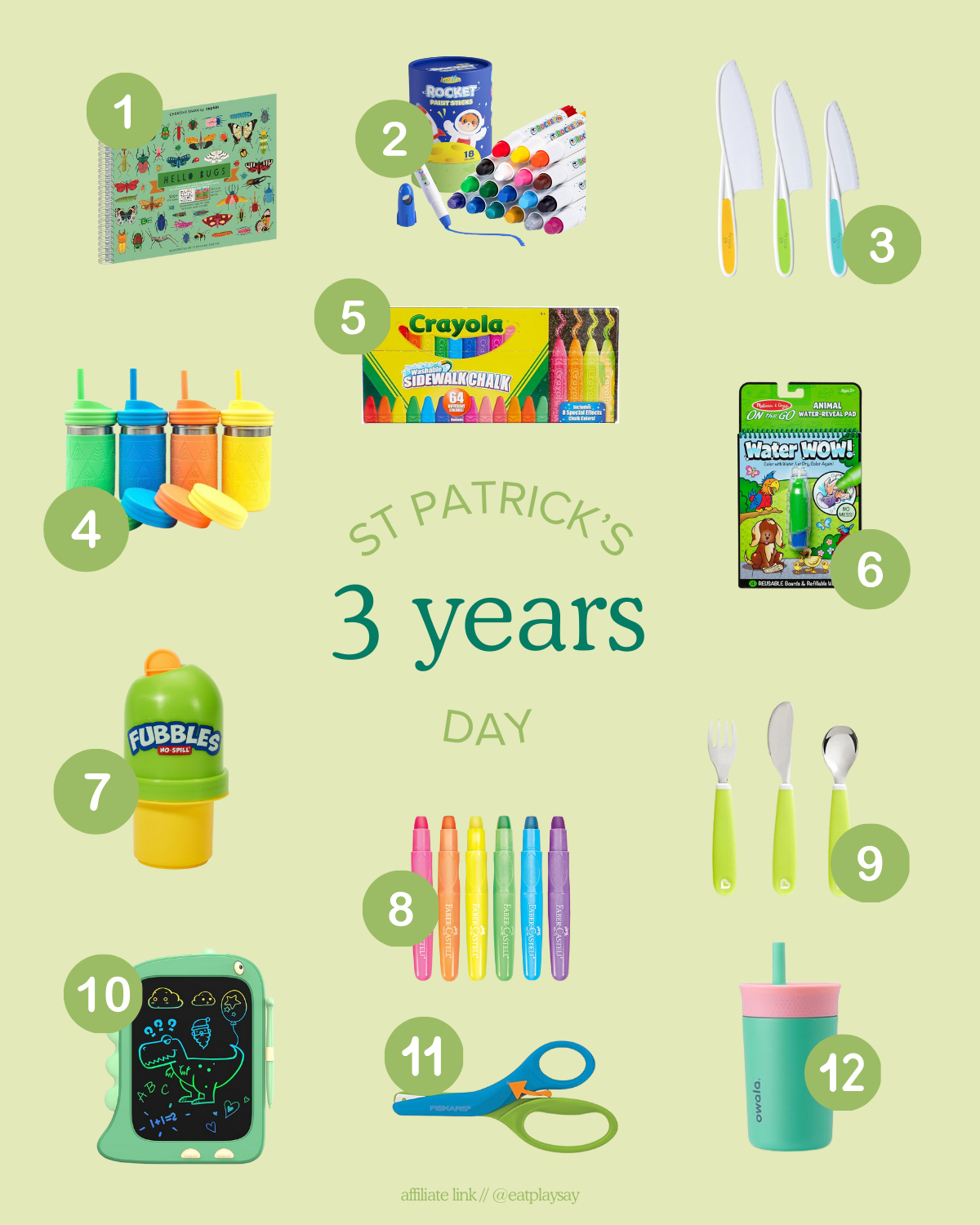 round-up graphic of Saint Patrick's Day gift ideas for 3 year olds including sticker books, chalk, and more