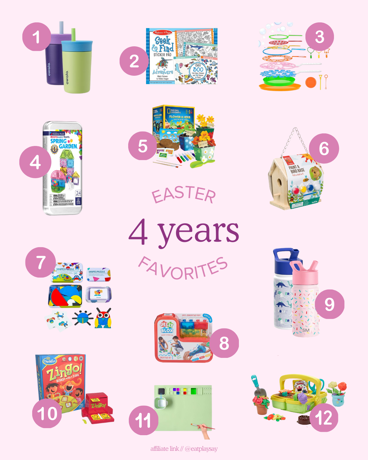 round up graphic of fun and practical Easter basket stuffers for 4 year olds