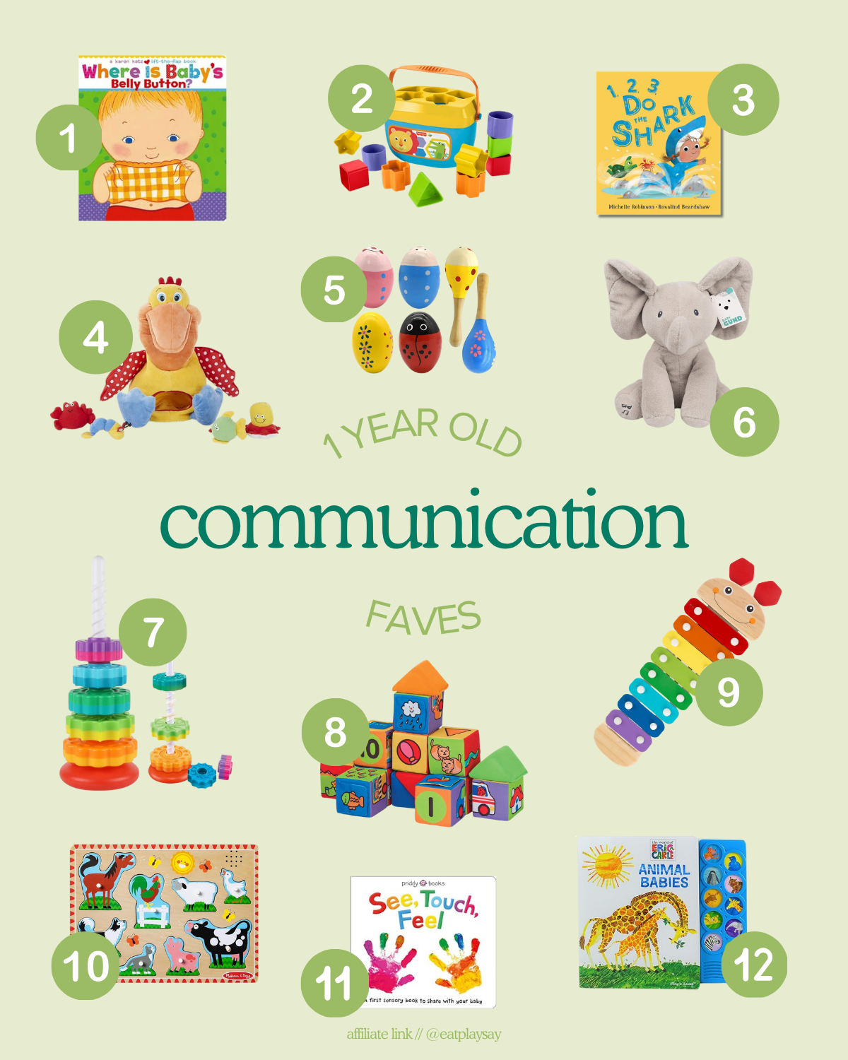 round-up image of the best toys for 1 year olds that help with communication and imitation