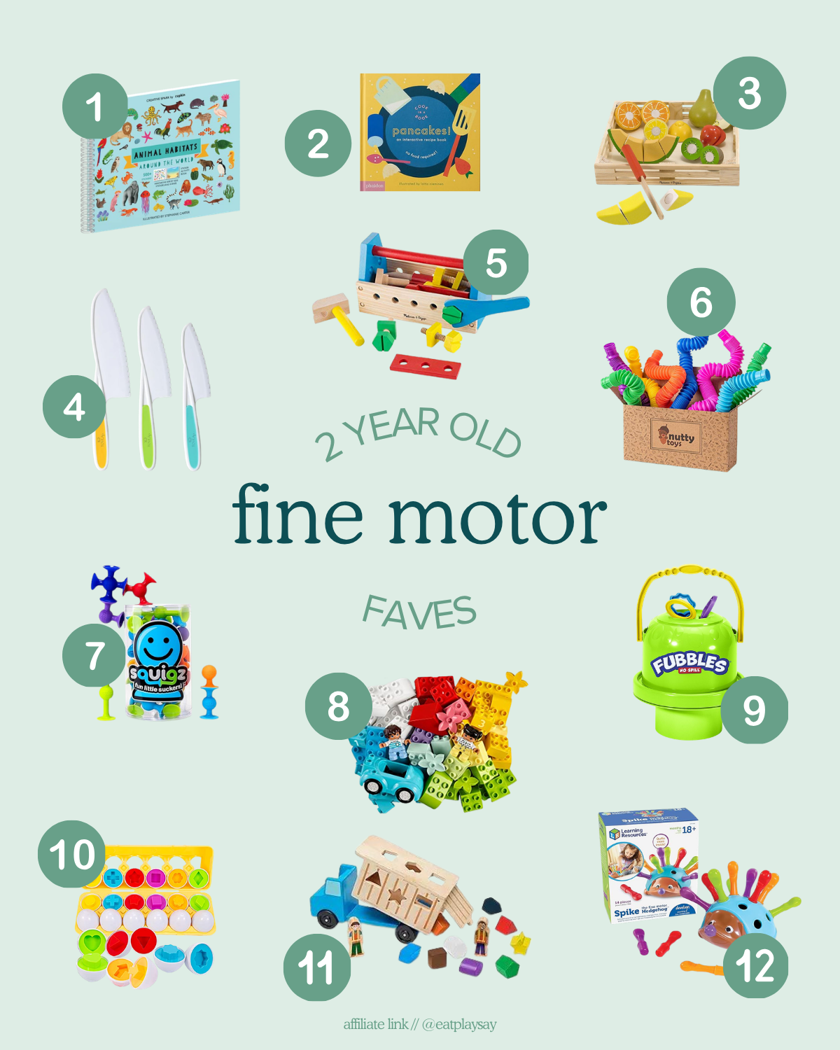 round-up image of fine motor toys for 2 year olds including sticker books, bubbles, and duplo 