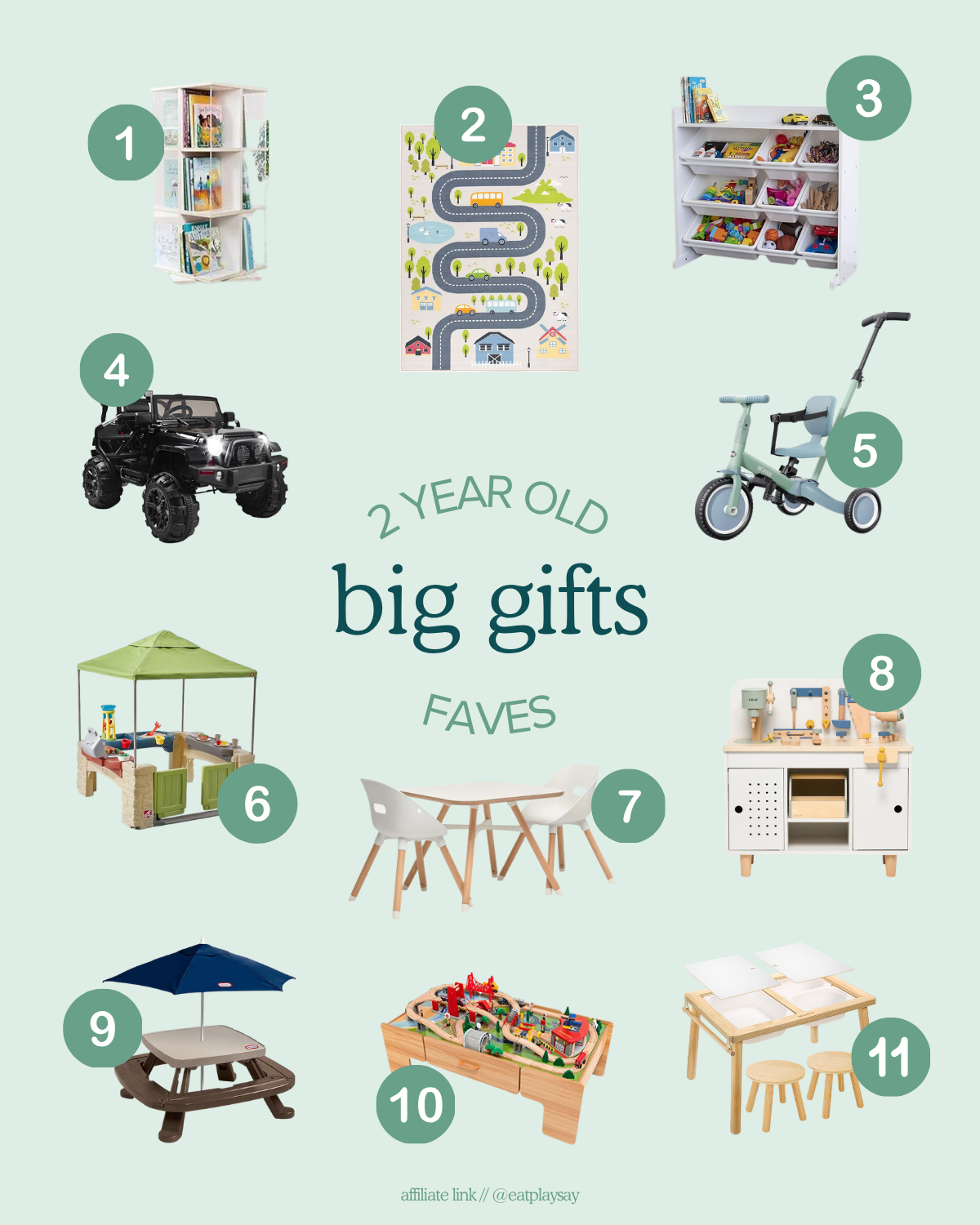 round-up image of the best big ticket items to gift 2 year olds including ride-on toys, trikes, and a train table