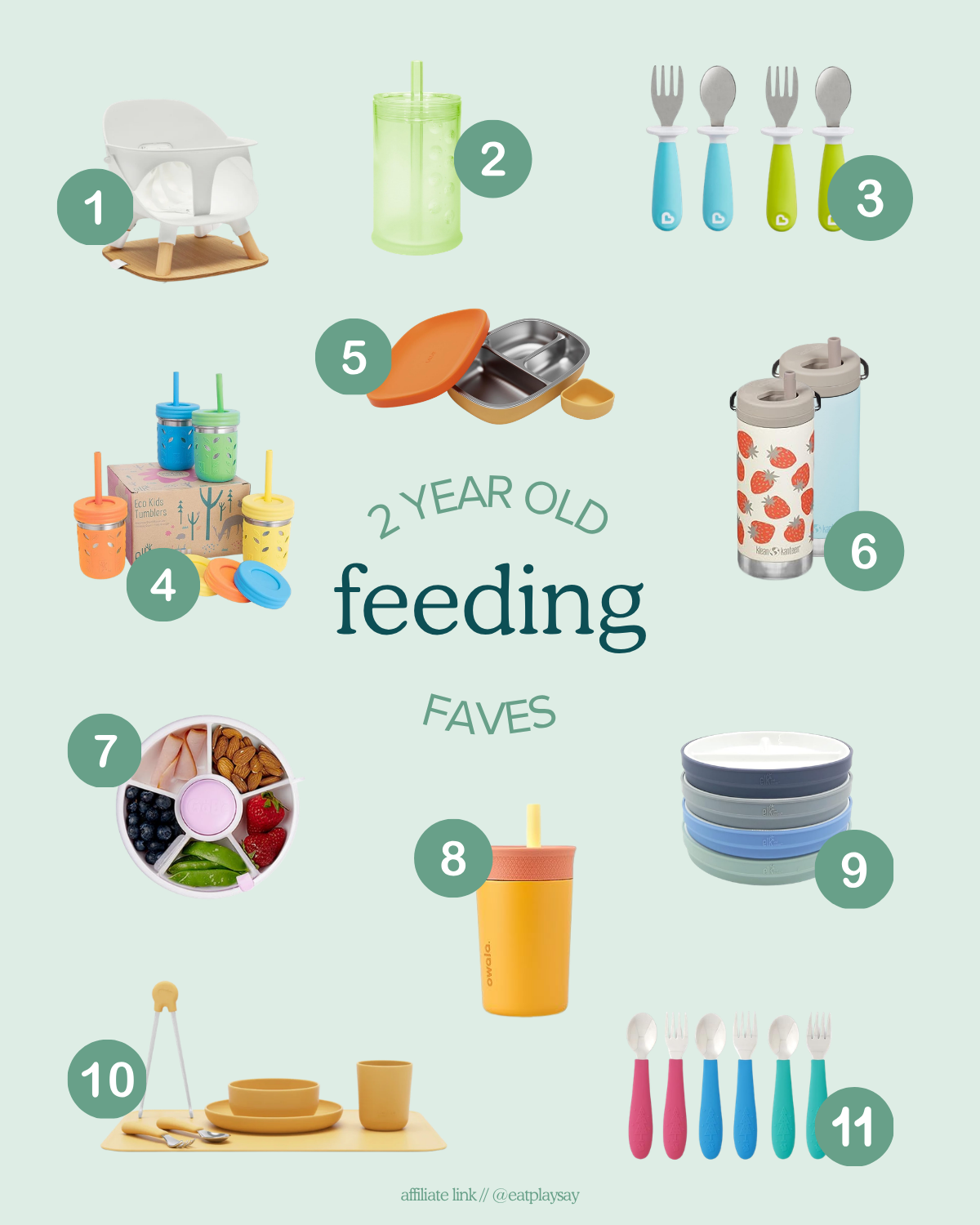 round-up image of practical feeding gifts for 2 year olds including water bottles, utensils, and bento boxes