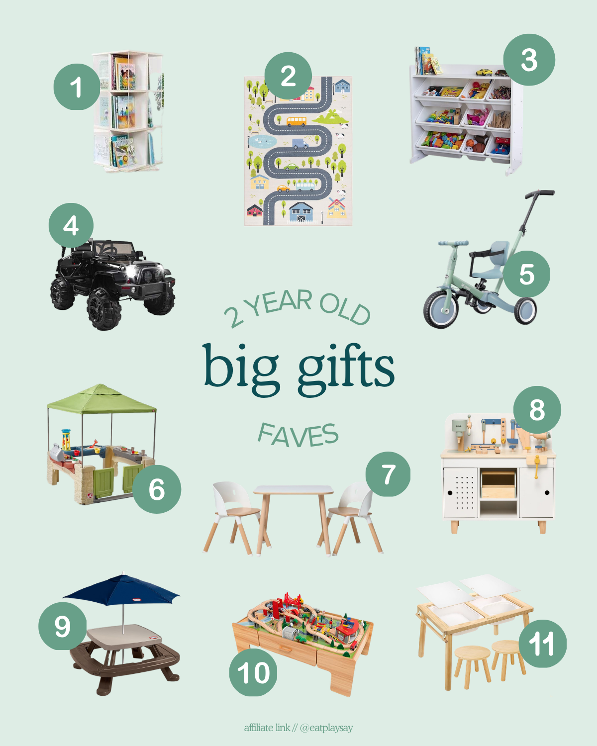 round-up image of the best big ticket items to gift 2 year olds including ride-on toys, trikes, and a train table