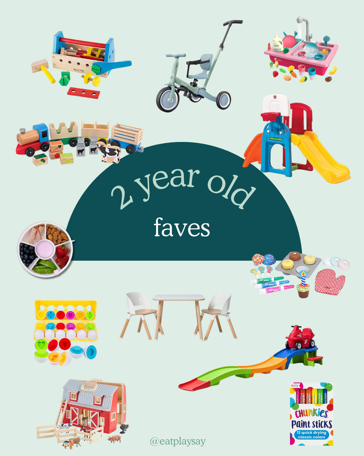 collage of different gift ideas for 2 year olds including art supplies, toys, and snack containers