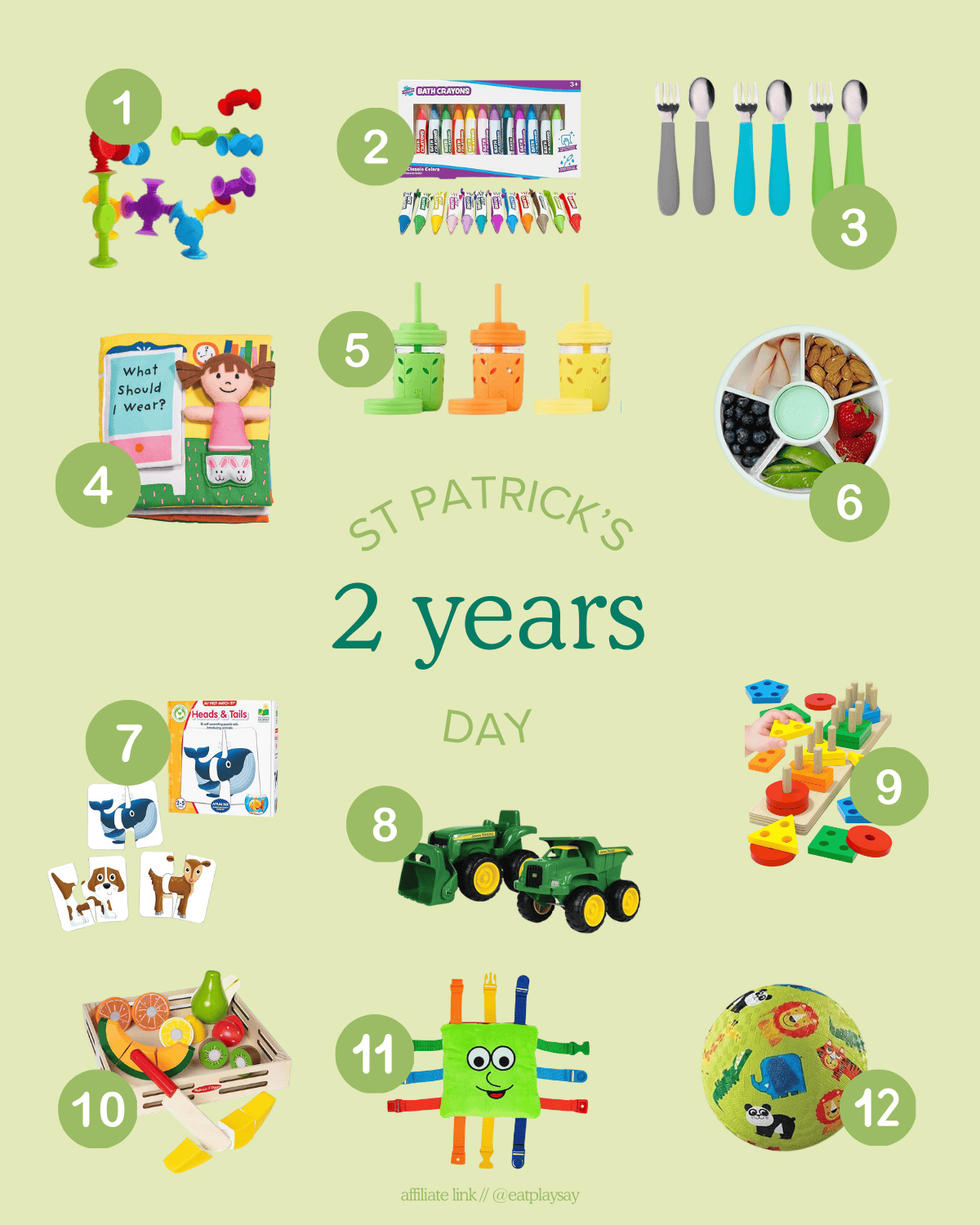 round-up graphic featuring fun and practical St. Patty's Day gifts for 2 year olds featuring items like stacking puzzles, bath toys, and playground balls