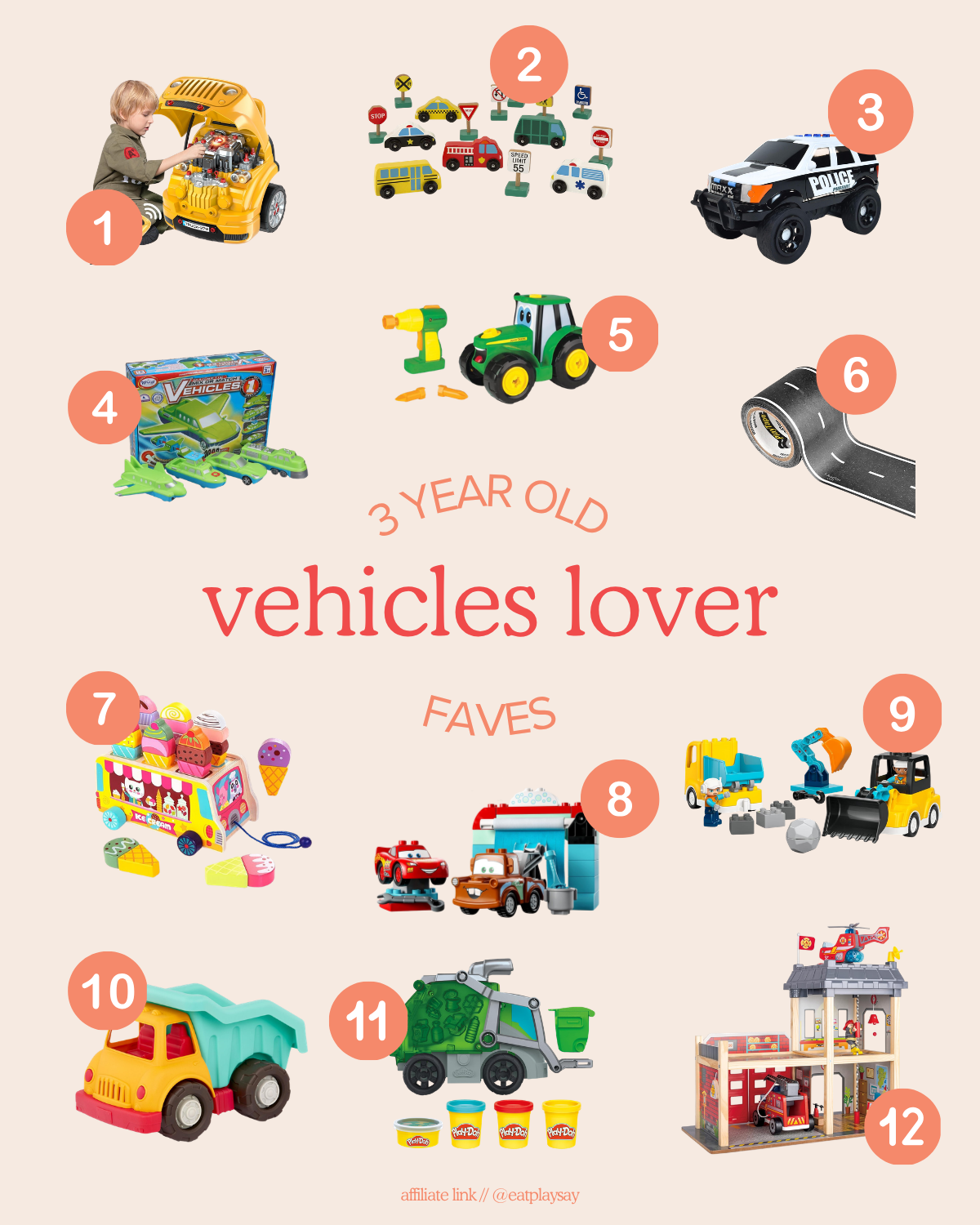 round-up image of the best vehicle-themed toys for 3 year olds 