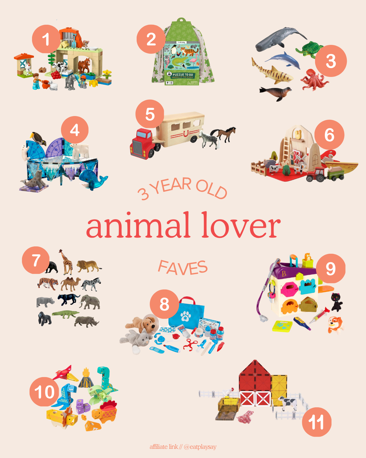 round-up image of the best animal-themed toys for 3 year olds 