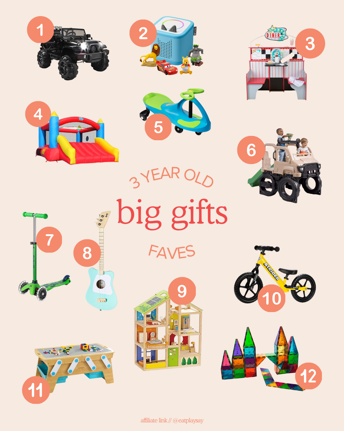 round-up image of bigger gifts (in size or price) for 3 year olds including ride-on toys, scooters, and dollhouse
