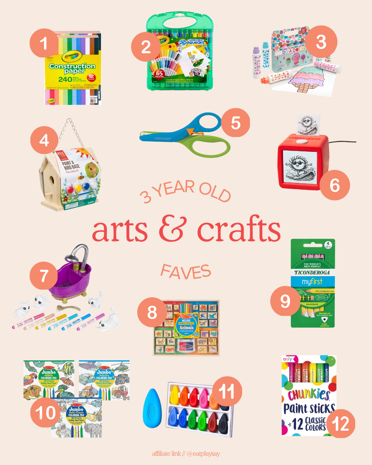 round-up of arts & crafts gifts for 3 year olds including markers, coloring pads, and paint sticks