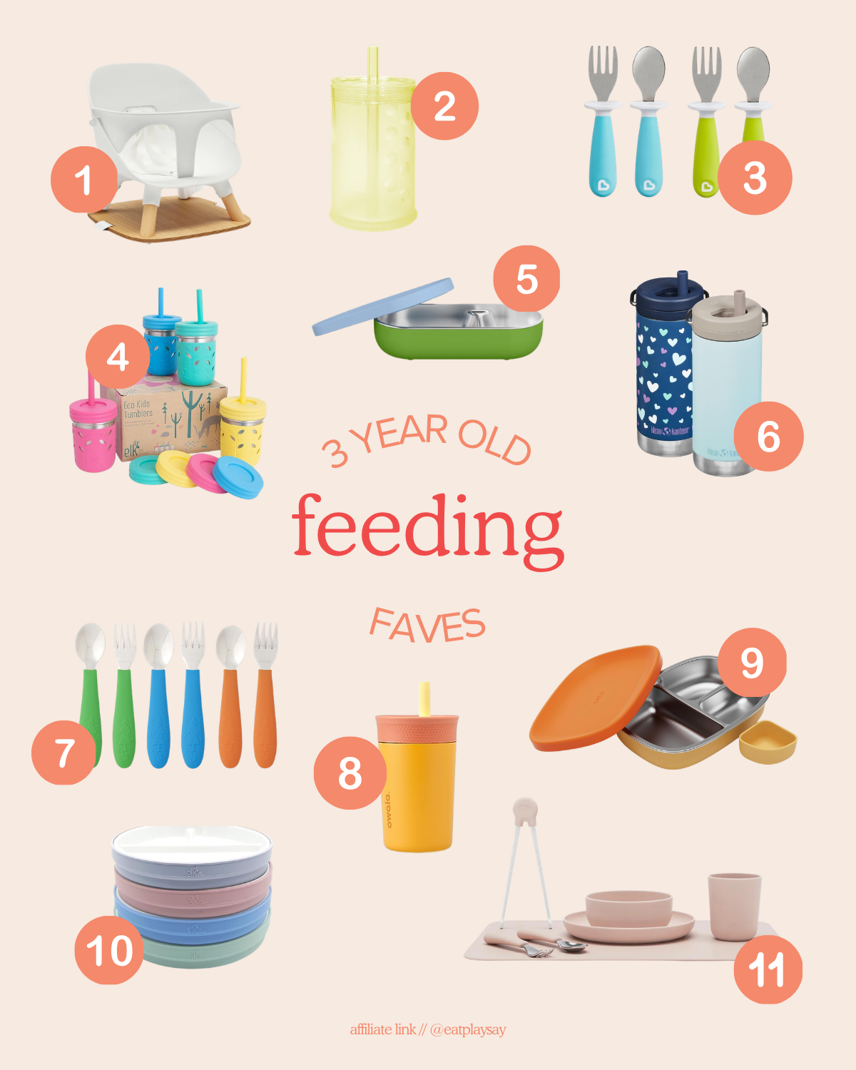 round-up image of practical feeding gifts for 3 year olds including water bottles, utensils, and bento boxes
