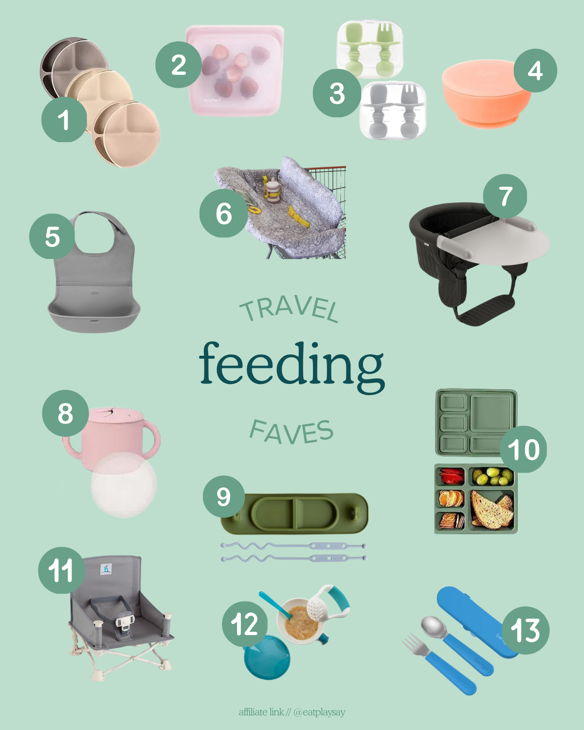 round-up graphic of 13 travel feeding products for babies and toddlers