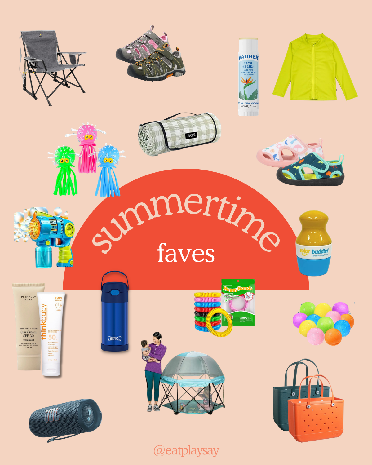 graphic round up of summer essentials for outdoor fun and sun protection