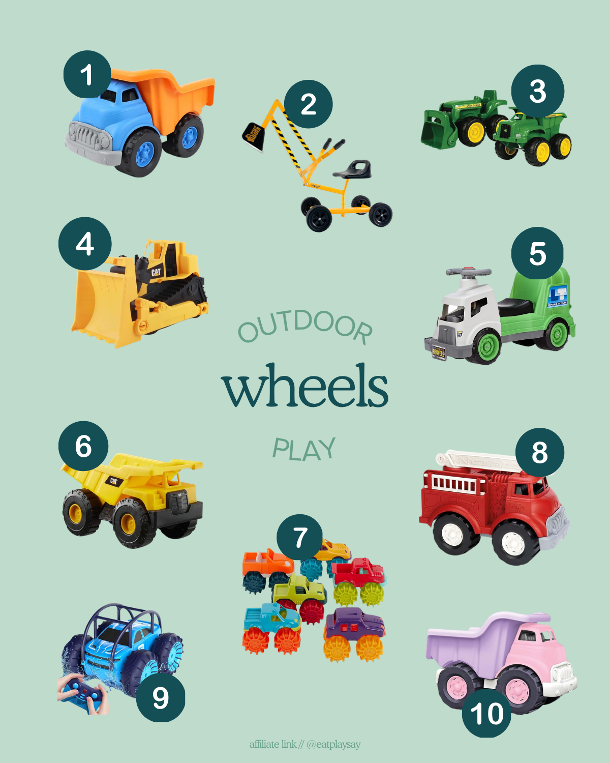 round up graphic of toy trucks and vehicles for outdoor play