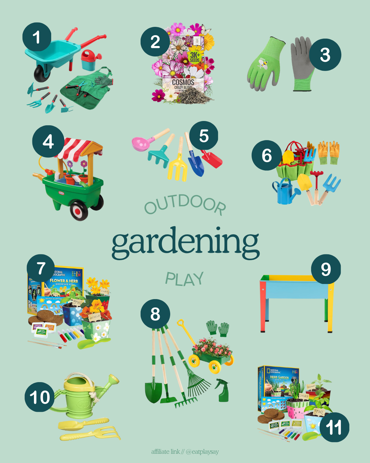 round up graphic of toddler gardening sets for outdoor play