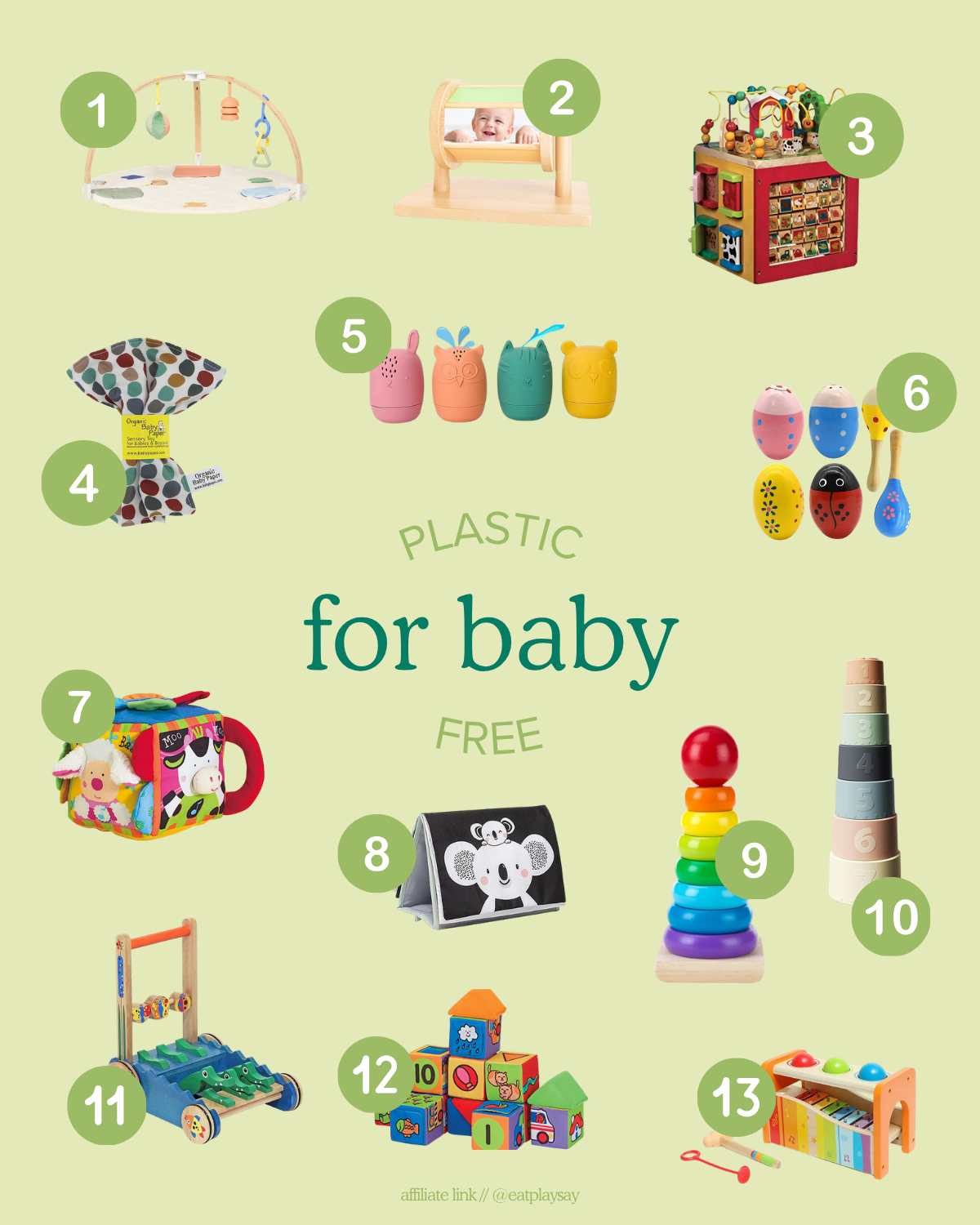 round up graphic of plastic-free baby toys made from silicone and wood