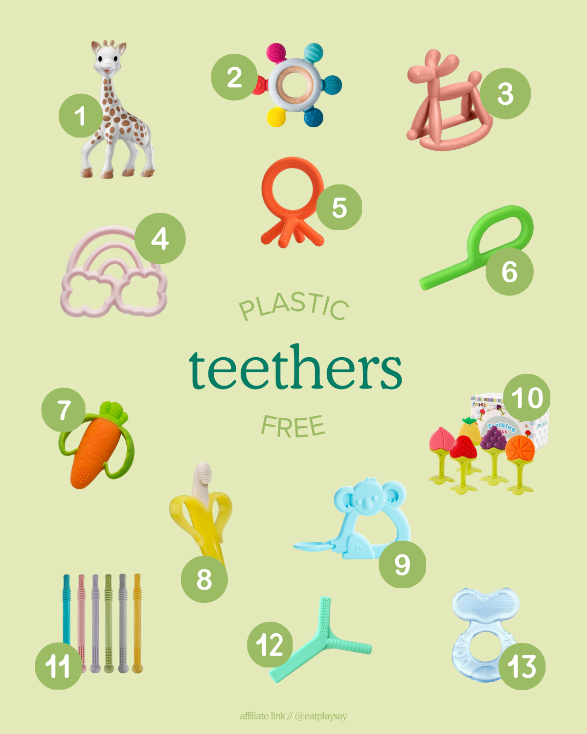 round up graphic of baby teethers made without plastic 