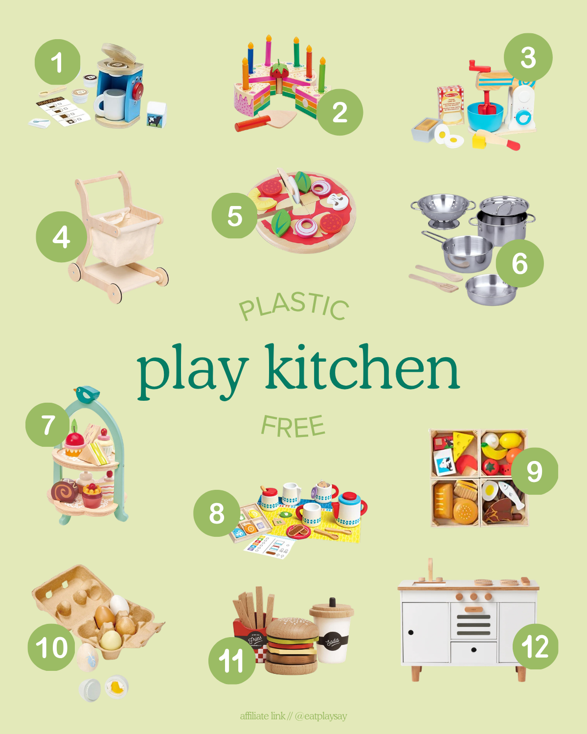 round up graphic of plastic-free toys for the play kitchen including play food and play kitchen accessories