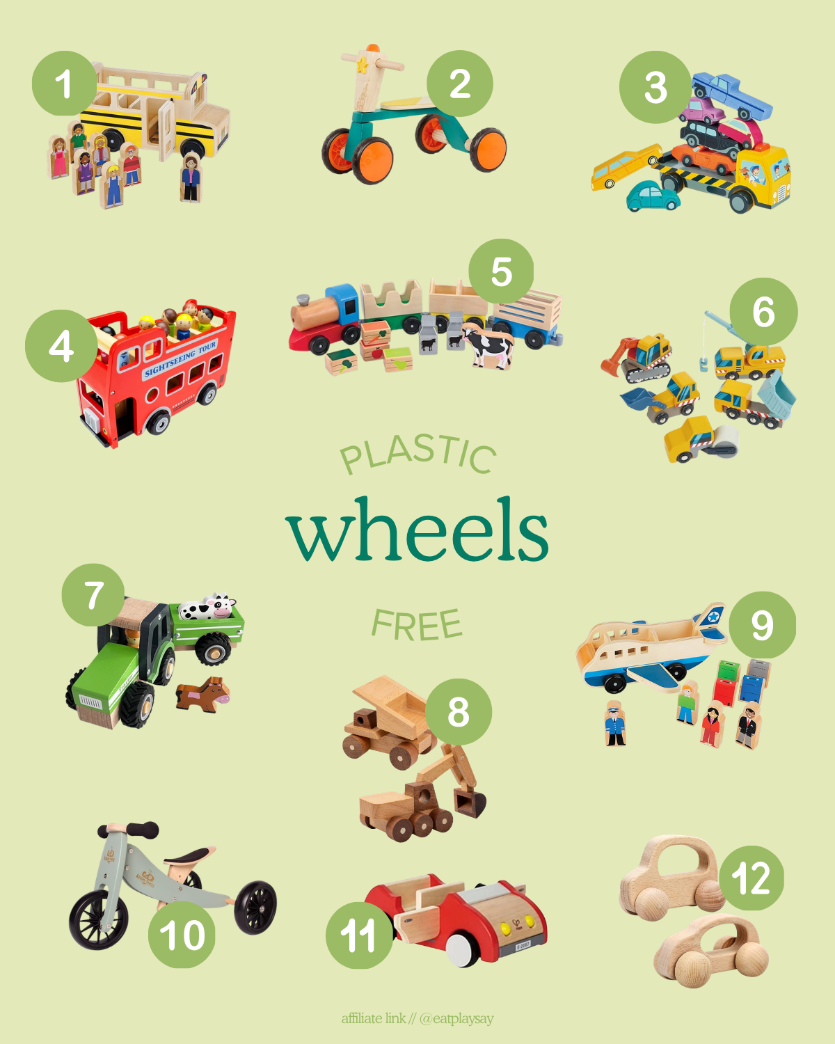 round up graphic of wooden toy cars, planes, trains, and automobiles