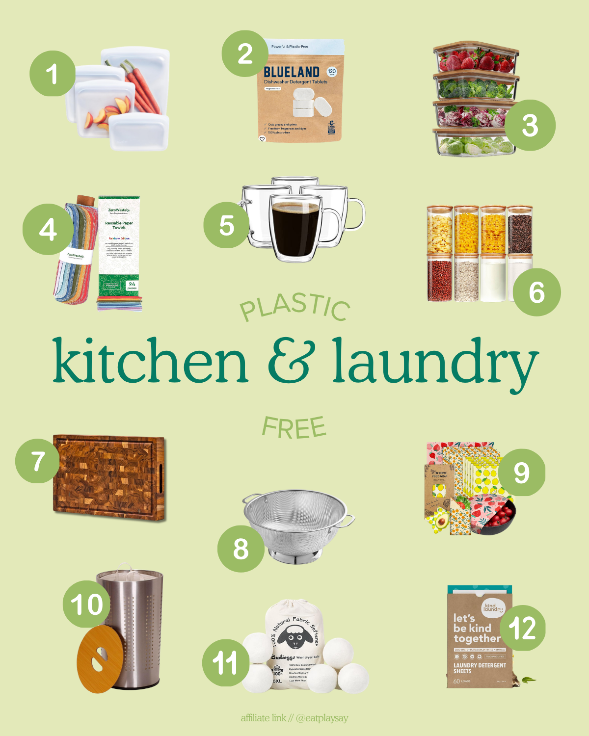 graphic round up of nontoxic and plastic free products for kitchen and laundry areas
