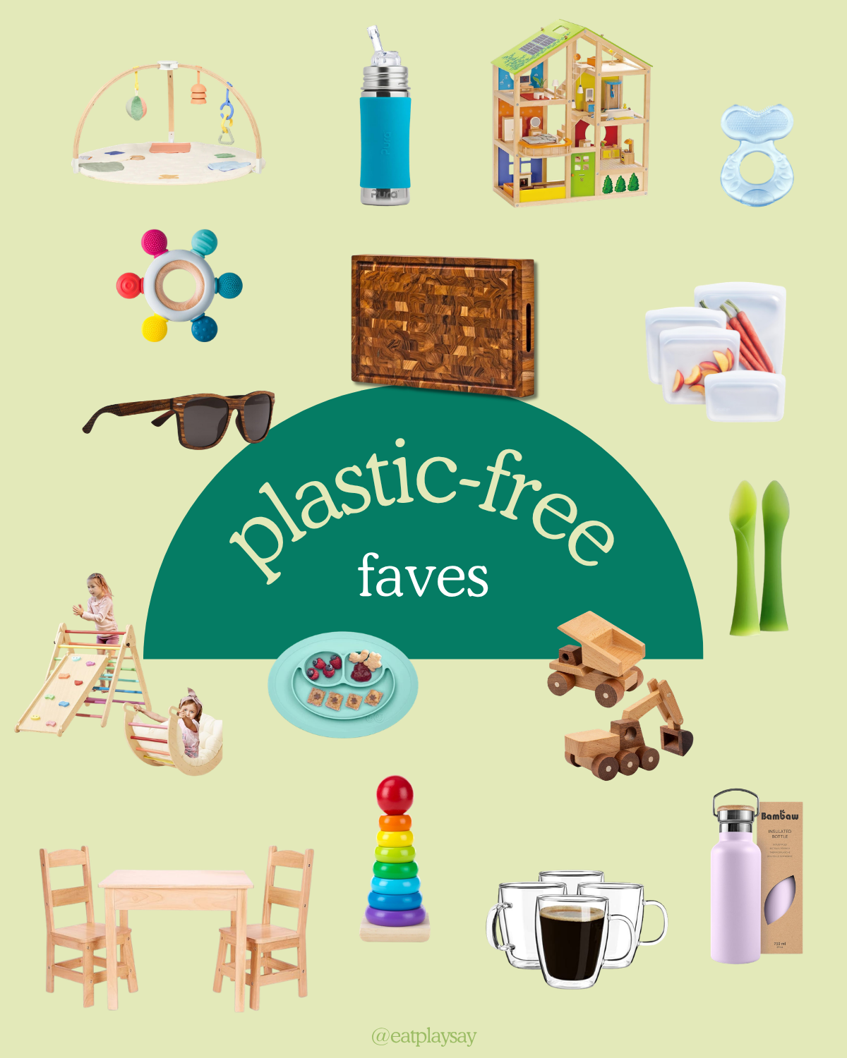 round up graphic of plastic free items including toys, utensils and home essentials
