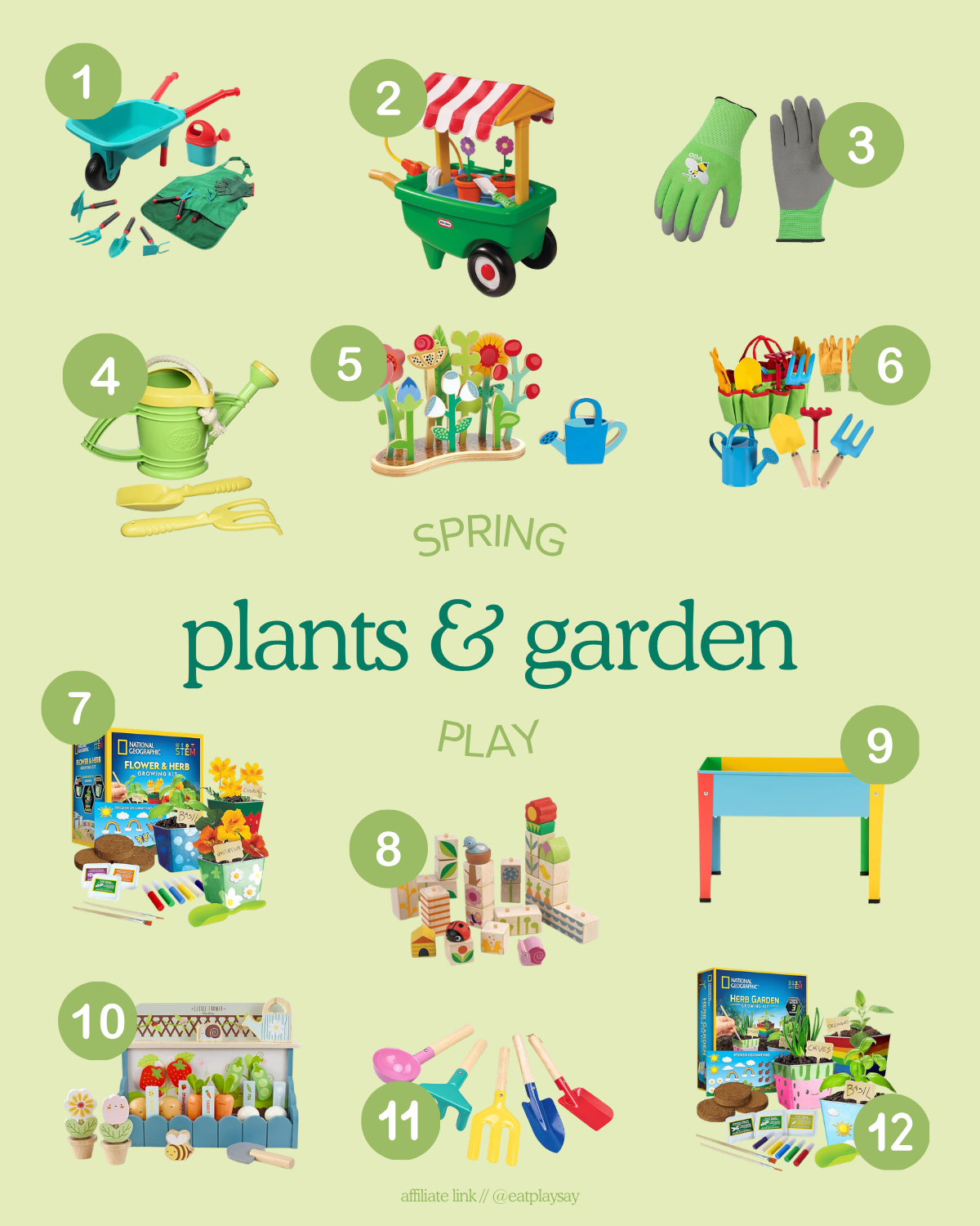 round up graphic of gardening tools and garden-themed toys for toddlers