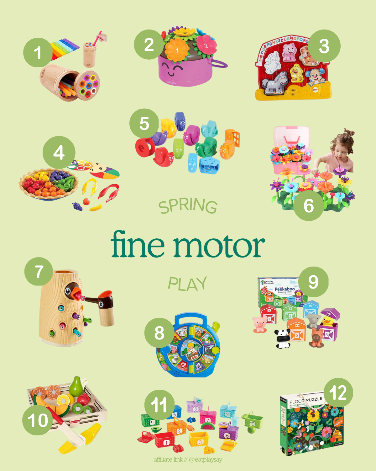 round up graphic with 12 spring-themed toys that encourage fine motor play for toddlers