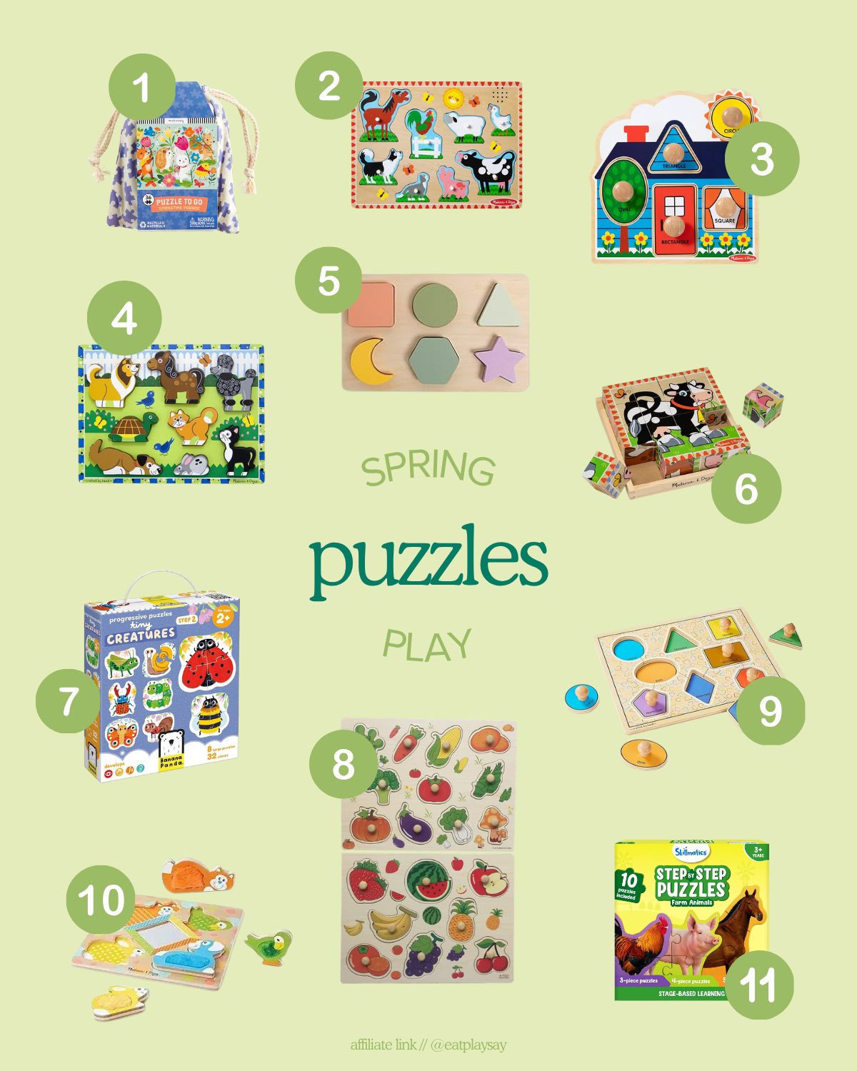 round up graphic of 11 spring-themed puzzles for babies and toddlers