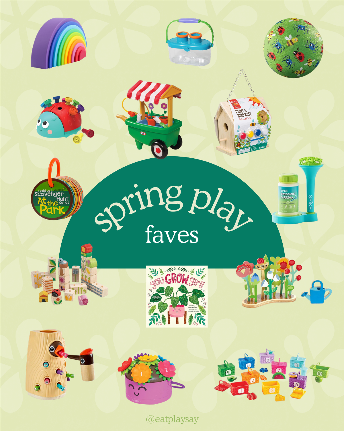 round up graphic of spring themed books and toys for babies and toddlers