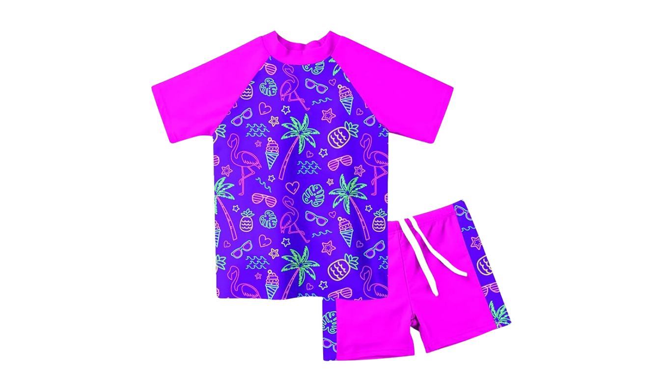 toddler girl two piece swimsuit with rash guard and swim shorts 