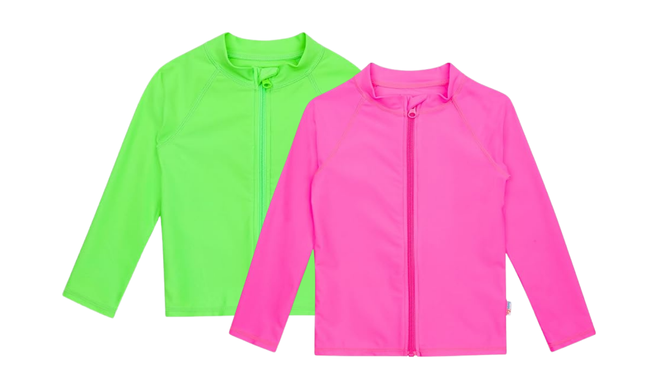 swimzip toddler rash guards in neon green and pink