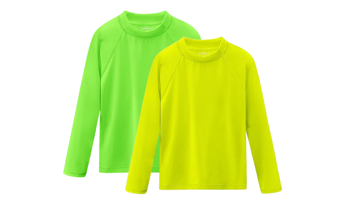 rash guards in green and yellow