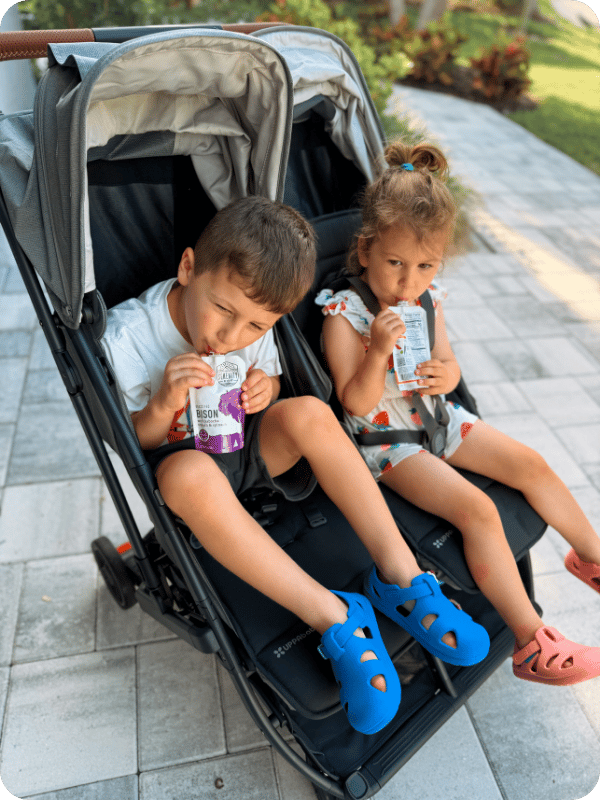 Uppababy Minu Duo with 3 and 5 year old riding in it