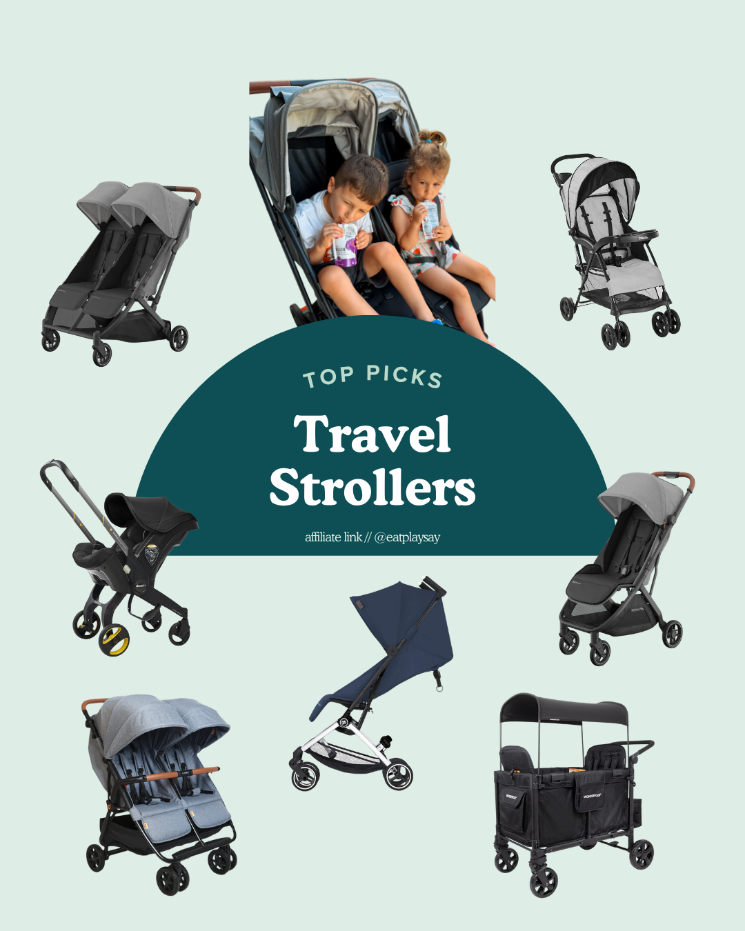 round up graphic of travel strollers for babies and toddlers