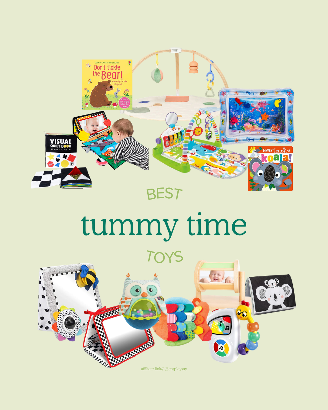 round up graphic of tummy time toys and baby play gyms