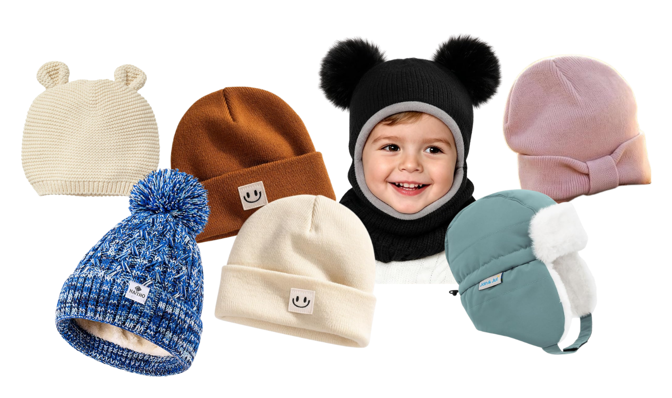 round up graphic of baby and toddler hats for winter time