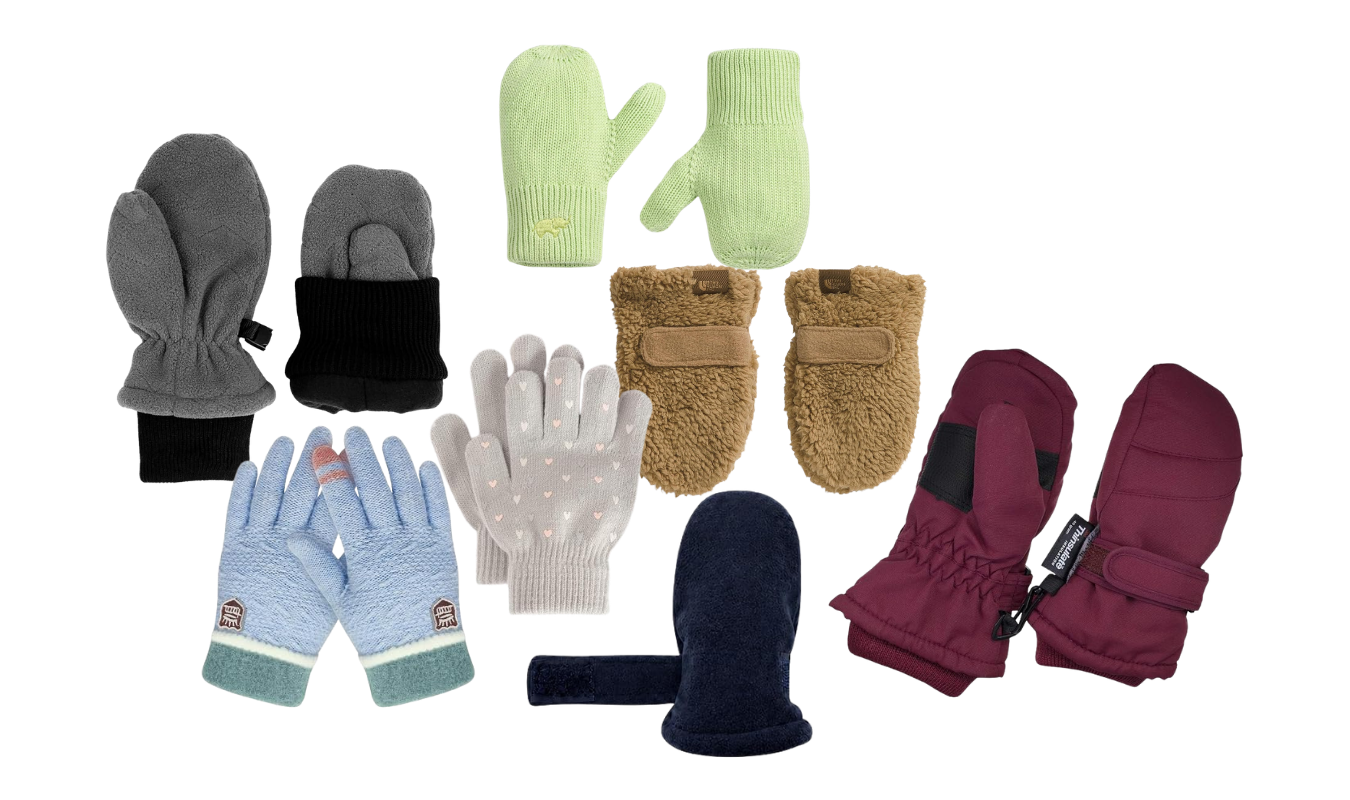 round up graphic of baby mittens and toddler gloves in a post about winter gear for babies and toddlers