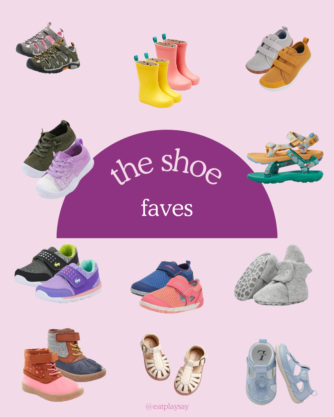 round-up graphic of various shoes for babies and toddlers, part of a post about the best shoes for little ones
