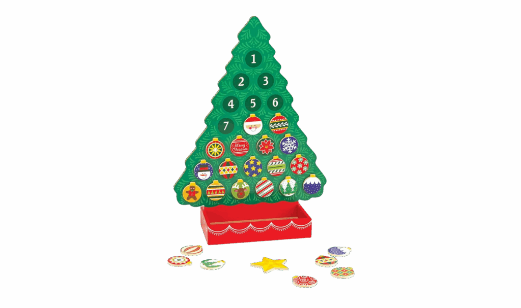 Melissa and Doug wooden advent calendar shaped like a Christmas Tree with magnetic ornaments