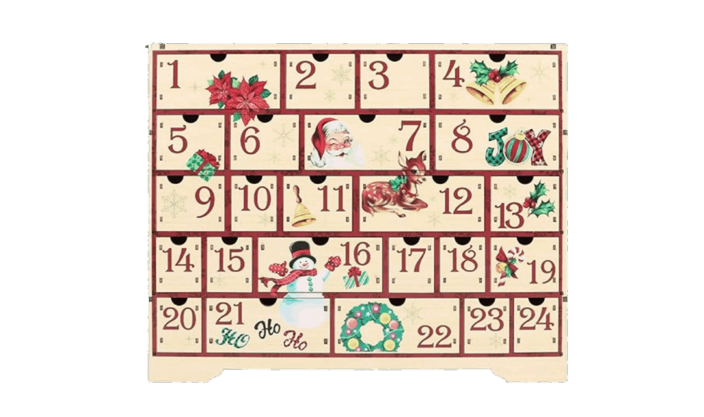 Wooden advent calendar with drawers, decorated with Christmas symbols like Santa, reindeer, snowmen and bells