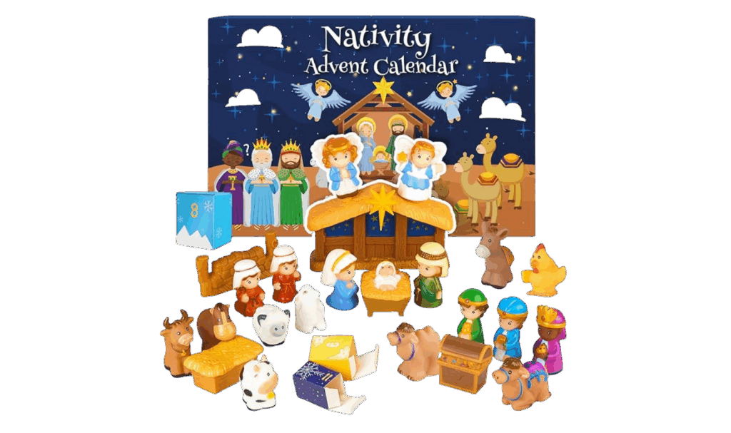 Nativity Advent Calendar 2025 for kids - with nativity figures including manger, people, and animals