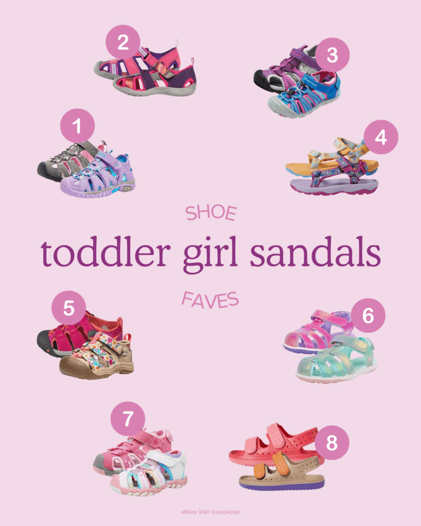 round-up graphic of the best sandals for toddler girls including open and closed toe options