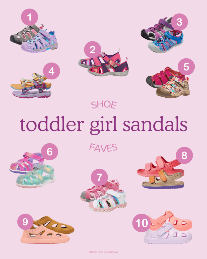 round-up graphic of toddler girl sandals including open and closed toe options