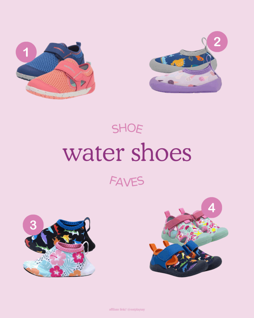 round-up image of 4 water shoes for babies and toddlers including brands like Merrell and Robeez and Jan & Jul