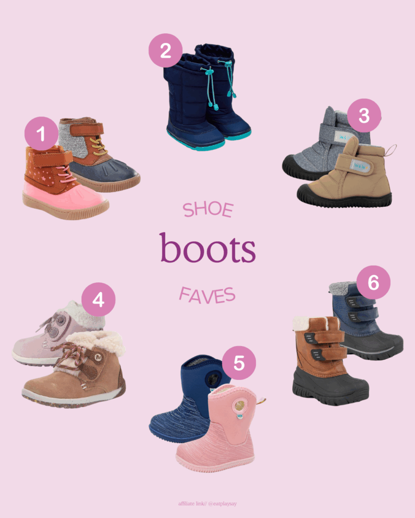 round-up image of winter boots for toddlers that have wider toe base and more flexible sole